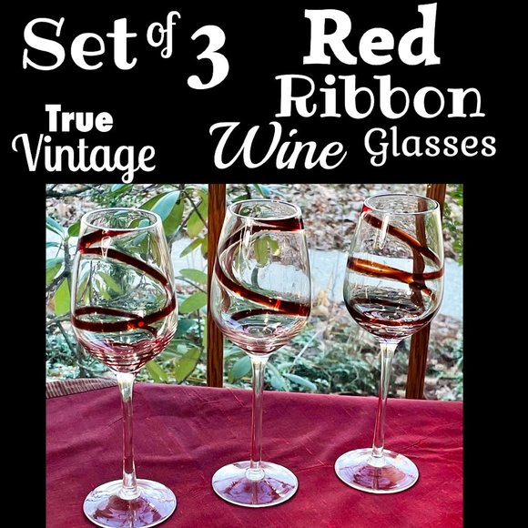 ▪️VTG▪️Set of Three Red Ribbon Stemmed Wine Glasses
